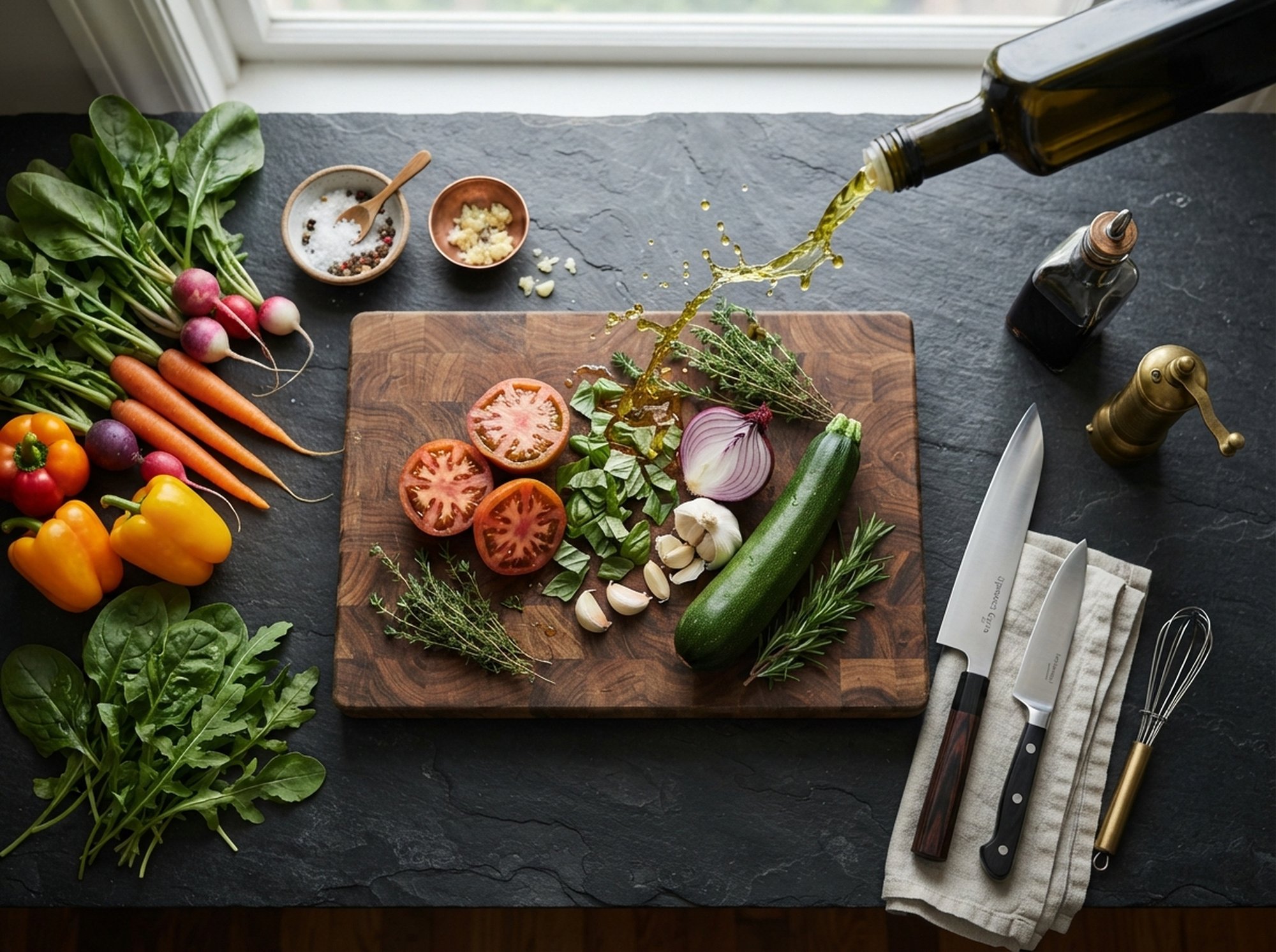 Tavolo di lavoro con ingredienti freschi e strumenti professionali